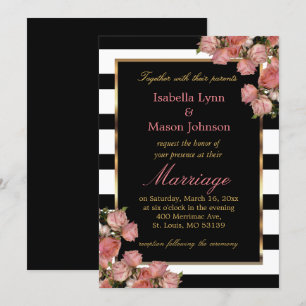 Rose Gold Wedding Black & White Stripe Invitation