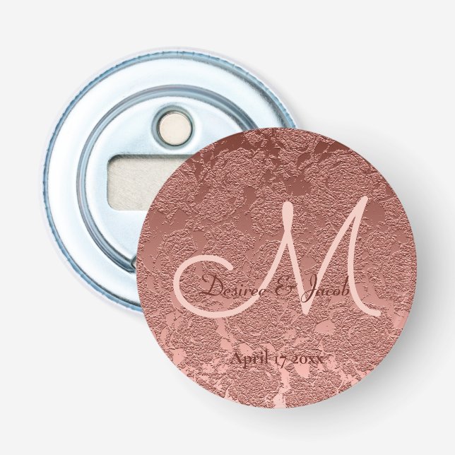 Rose Gold Wedding Favour Elegant Monogram Floral Bottle Opener (Front)