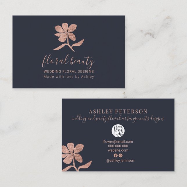 Rose gold wedding floral designer blue business card (Front/Back)
