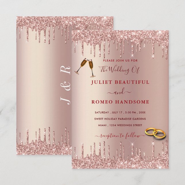 Rose Gold Wedding Invitation Blush Glitter Drips (Front/Back)