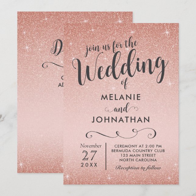 Rose Gold Wedding Invitation, Pink Invitation (Front/Back)