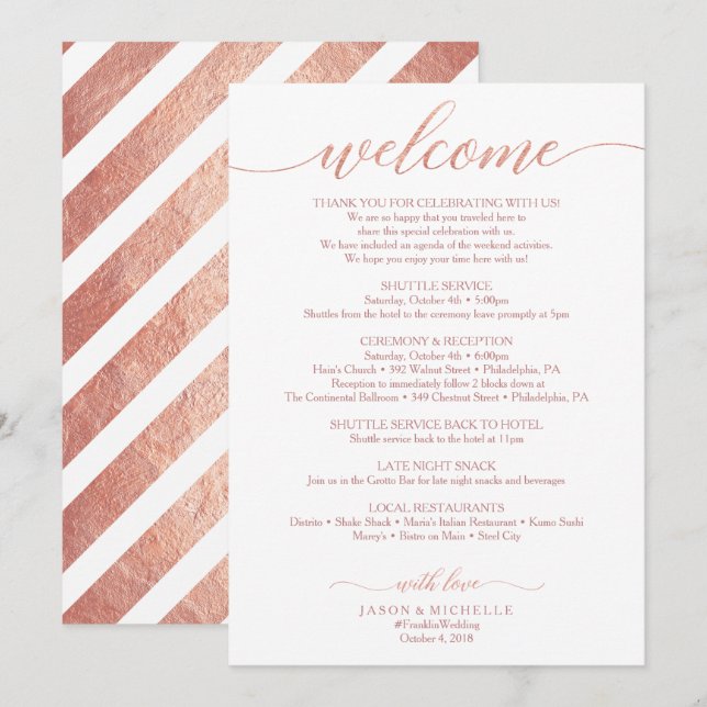 Rose Gold Wedding Itinerary - Wedding Welcome Invitation (Front/Back)