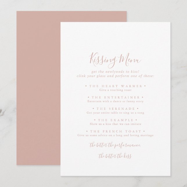 Rose Gold Wedding Kissing Menu Game Card (Front/Back)