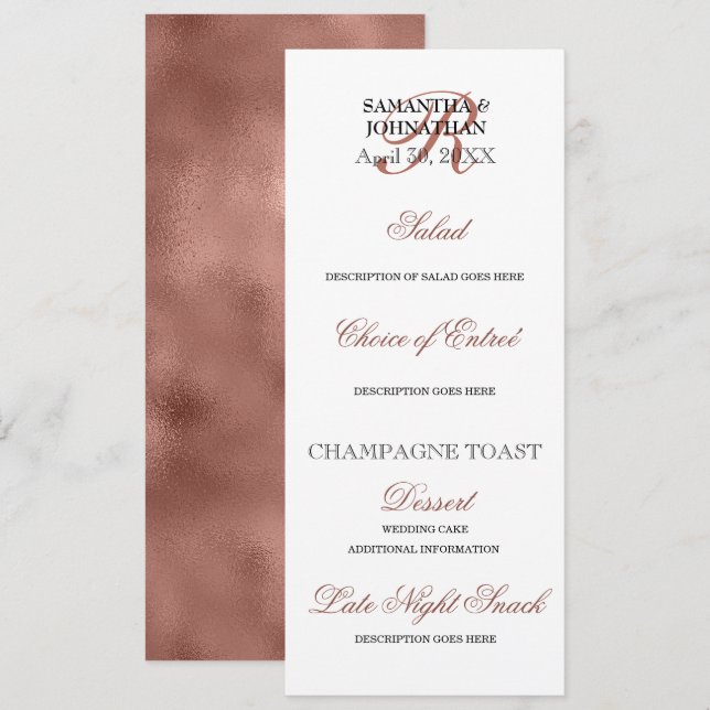 Rose gold wedding menu DIY elegant dinner  Invitation (Front/Back)