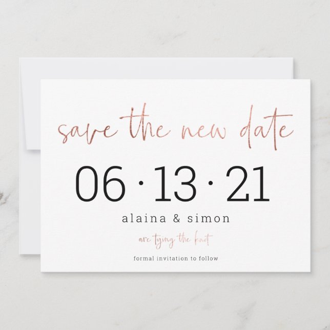 Rose Gold Wedding Postponement Save the New Date Save The Date (Front)