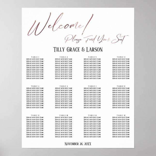 Rose Gold Wedding Reception Seating Chart (Front)