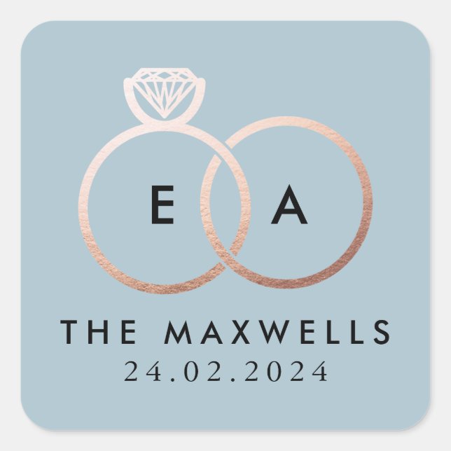 Rose Gold Wedding Ring Monogram Name and Date Blue Square Sticker (Front)