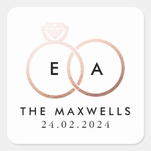 Rose Gold Wedding Ring Monogram Name and Date Square Sticker