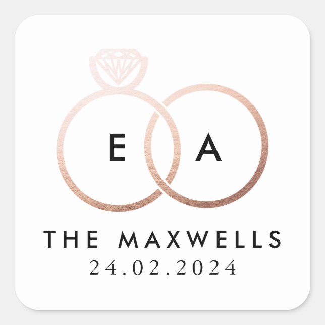 Rose Gold Wedding Ring Monogram Name and Date Square Sticker (Front)