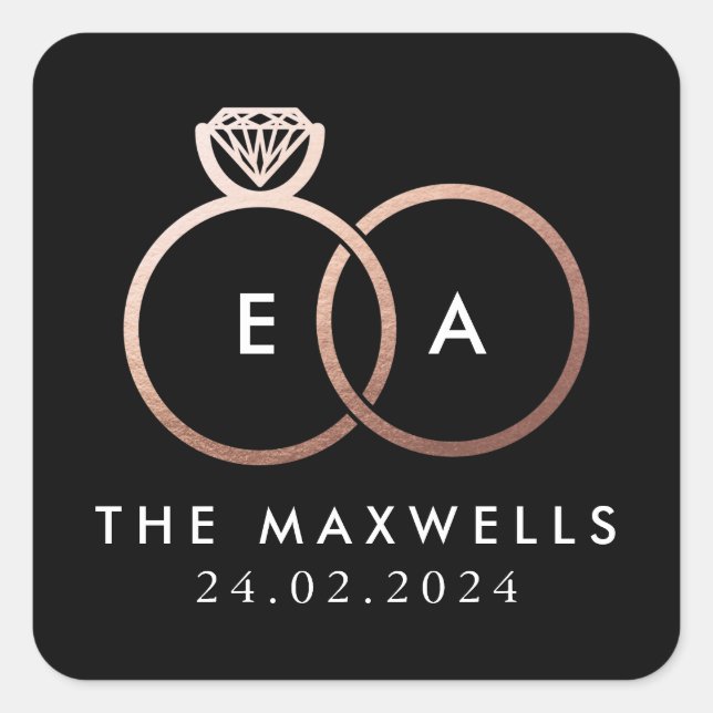 Rose Gold Wedding Ring Monogram Name Date Black Square Sticker (Front)