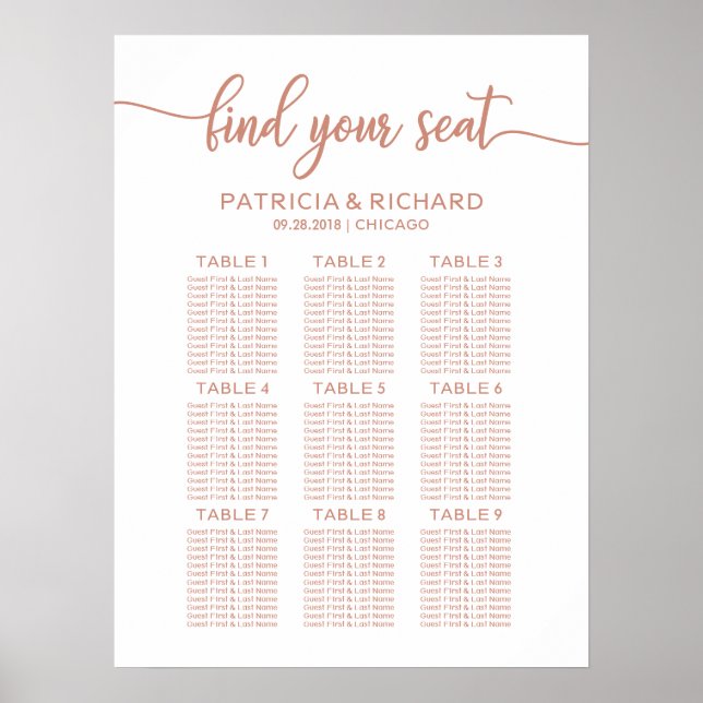 Rose Gold Wedding Seating Chart Chic Calligraphy (Front)