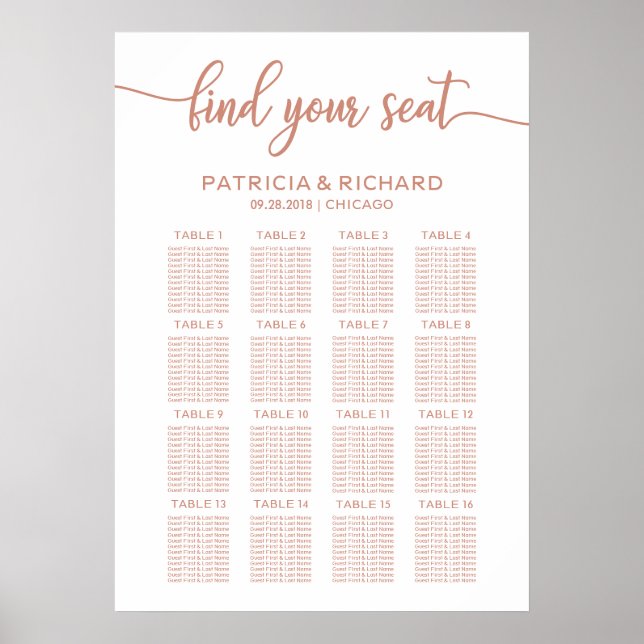 Rose Gold Wedding Seating Chart Sign Calligraphy (Front)
