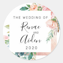 Rose gold wedding sticker, pink floral favor