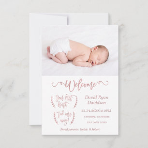 Rose Gold Welcome Photo Baby Birth Announcement