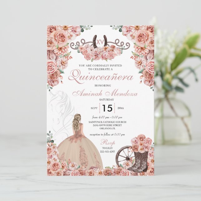 Rose Gold Western Charra Floral Boots Quinceañera Invitation (Standing Front)
