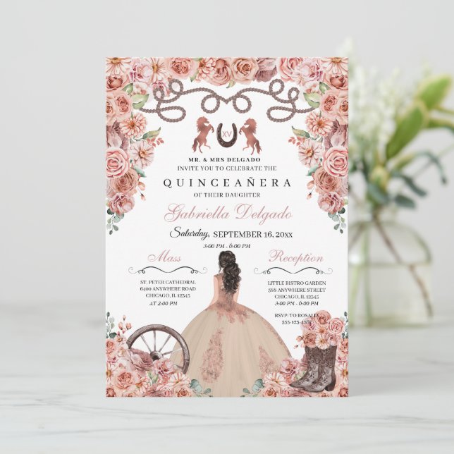 Rose Gold Western Charra Girl Ranchero Quinceanera Invitation (Standing Front)