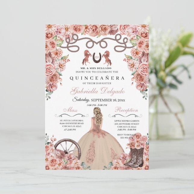 Rose Gold Western Charra Girl Ranchero Quinceanera Invitation (Standing Front)