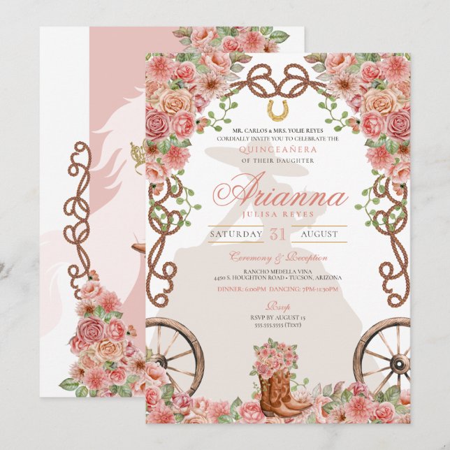 Rose Gold Western Charra Ranchera Quinceañera Invitation (Front/Back)