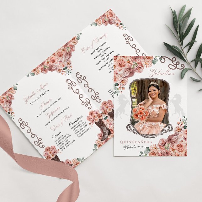 Rose Gold Western Charro Quinceañera Program Invitation (Creator Uploaded)
