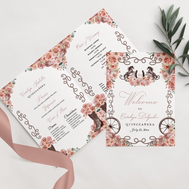 Rose Gold Western Charro Quinceañera Program Invitation (Creator Uploaded)