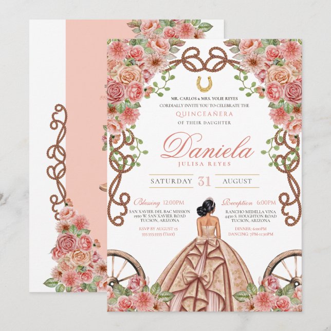 Rose Gold Western Charro Rustic Pink Quinceanera Invitation (Front/Back)