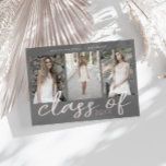 Rose Gold Whimsical Script Photo Graduation Card<br><div class="desc">Three photo collage with custom whimsical script "class of" in rose faux foil with year in same colour. All information is in sans serif elegant font on the top of the card. Back side is ombre pink polka dot glitter pattern. Make beautiful custom announcements with easy customisation.</div>