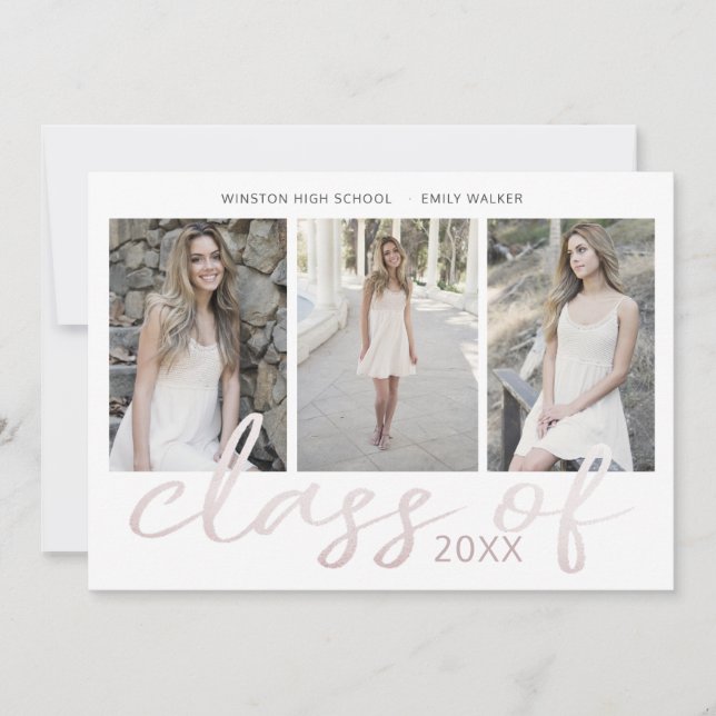 Rose Gold Whimsical Script Photo Graduation Card (Front)
