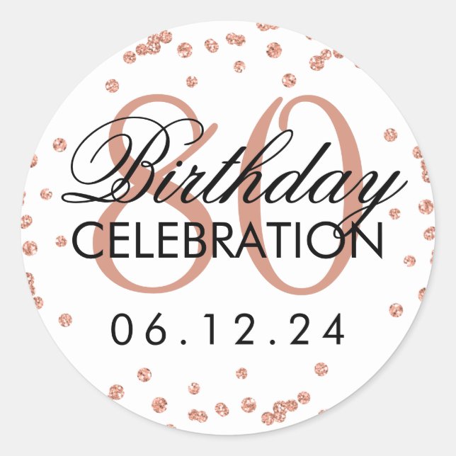 Rose Gold White 80th Birthday Glitter Confetti Classic Round Sticker (Front)