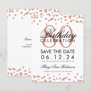 Rose Gold White 80th Birthday Save Date Confetti Invitation