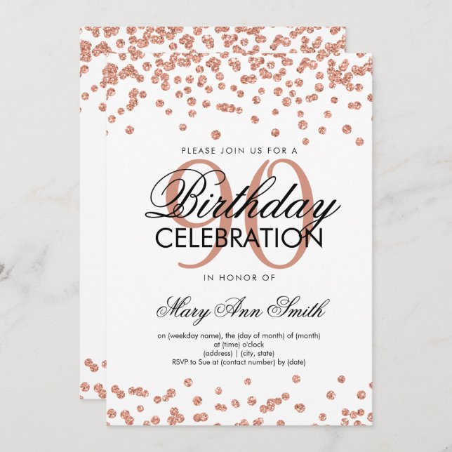 Rose Gold White 90th Birthday Glitter Confetti Invitation (Front/Back)