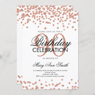 Rose Gold White 90th Birthday Glitter Confetti Invitation