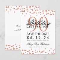 Rose Gold White 90th Birthday Save Date Confetti