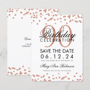 Rose Gold White 90th Birthday Save Date Confetti Invitation