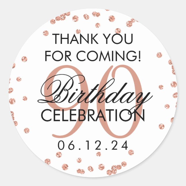 Rose Gold White 90th Birthday Thank You Glitter Classic Round Sticker (Front)