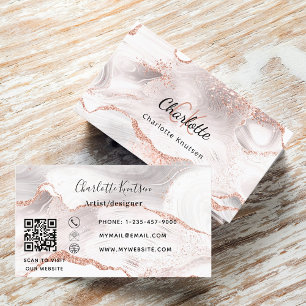 Rose gold white agate marble monogram QR code Business Card