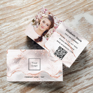Rose gold white agate marble photo QR code logo Business Card