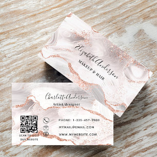 Rose gold white agate marble QR code Business Card