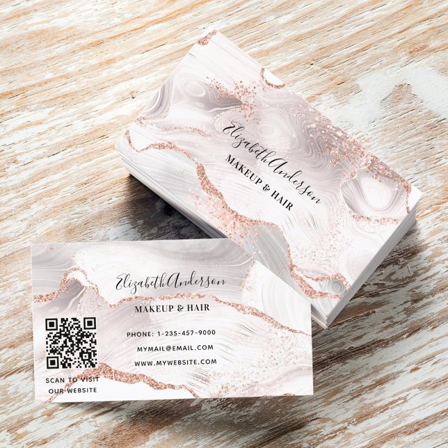 Rose gold white agate marble QR code Business Card (Creator Uploaded)