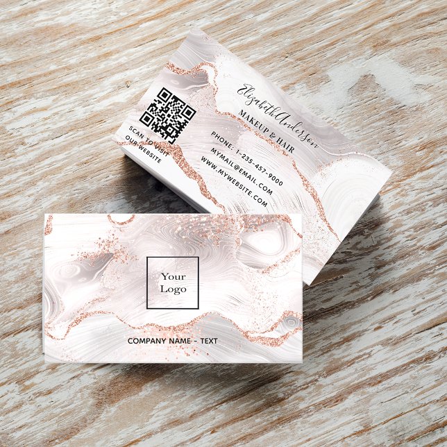 Rose gold white agate marble QR code logo Business Card (Creator Uploaded)