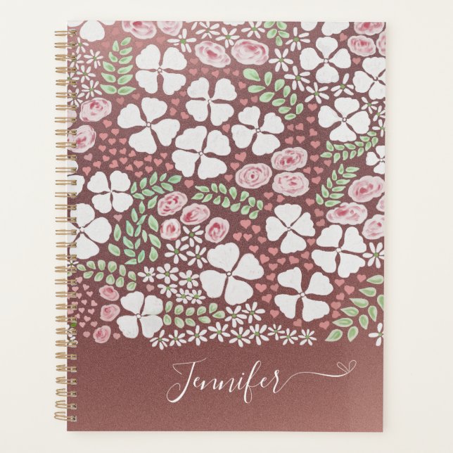 Rose Gold White Blush Pink Roses Floral Pattern Planner (Front)