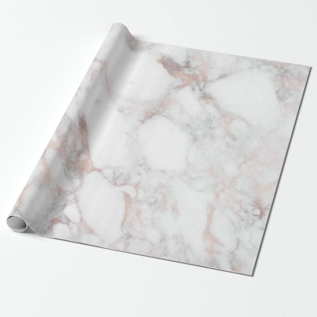 Rose-gold & White Faux Marble Stone Wrapping Paper (Unrolled)