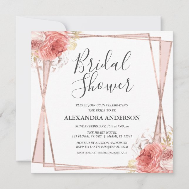 Rose Gold White Floral Modern Bridal Shower Invitation (Front)