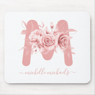 Rose Gold White Floral Watercolor Monogram Mouse Mat