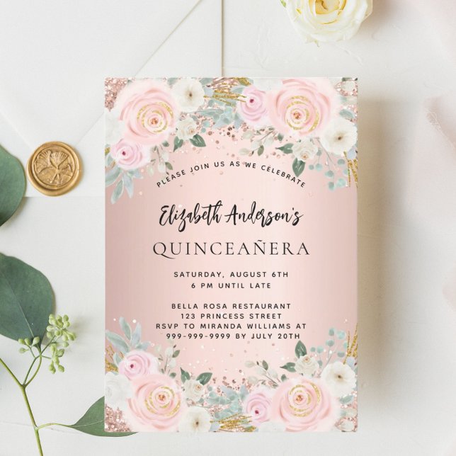 Rose gold white florals Quinceanera Invitation (Creator Uploaded)