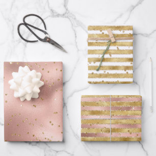 Rose Gold White Glam Glitz Stripes   Wrapping Paper Sheet