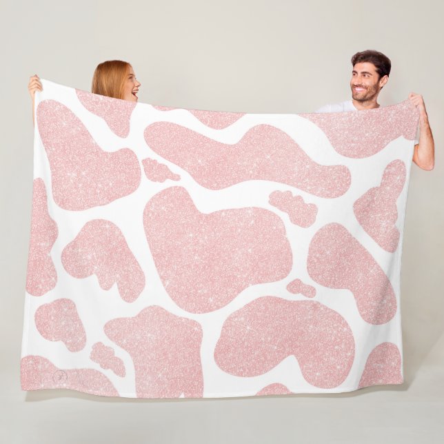 Rose Gold white Large Cow Spots Animal Pattern Fleece Blanket (In Situ)