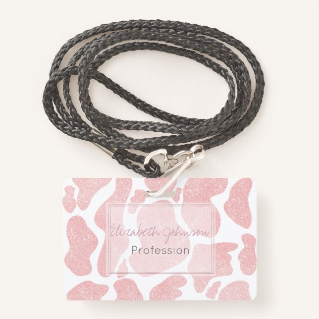 Rose Gold white Large Cow Spots Animal Pattern ID Badge (Front with Lanyard)