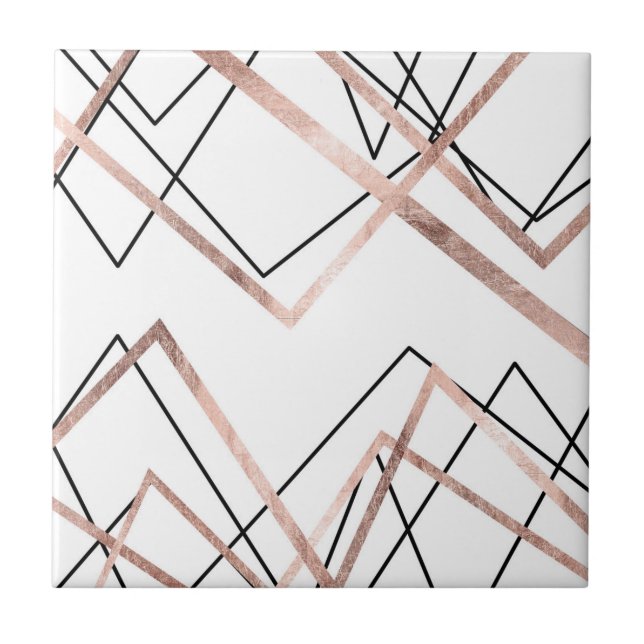 Rose Gold White Linear Triangle Abstract Pattern Tile (Front)