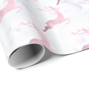Rose gold white marble Christmas reindeer pattern Wrapping Paper