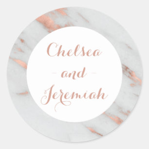 Rose Gold White Marble Custom Name Sticker Wedding